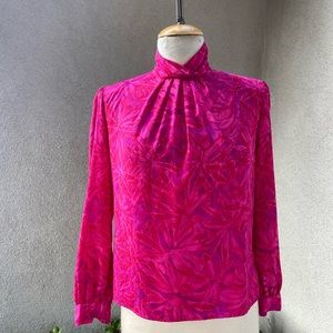 Vintage 80s preppy blouse floral hot pink sz 4 Petite by Anna Kriste
